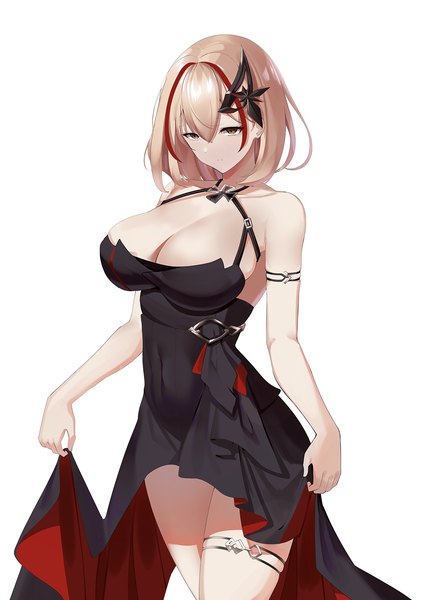 Anime picture 1131x1600 with azur lane roon (azur lane) roon (dark red grin) (azur lane) maanu single tall image looking at viewer short hair breasts light erotic simple background blonde hair large breasts standing white background bare shoulders holding brown eyes cleavage multicolored hair
