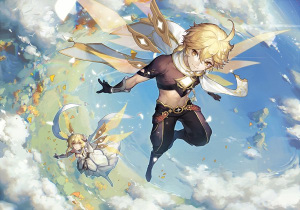 Anime picture 2142x1500 with genshin impact lumine (genshin impact) aether (genshin impact) spade-m long hair fringe highres blonde hair hair between eyes yellow eyes sky cloud (clouds) full body ahoge from above midriff flying siblings twins brother and sister