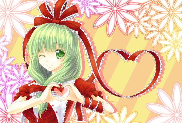 Anime picture 2149x1452 with touhou kagiyama hina shimada (simada bu) single long hair looking at viewer highres smile green eyes one eye closed green hair wink heart hands heart of string girl flower (flowers) bow ribbon (ribbons) frills heart