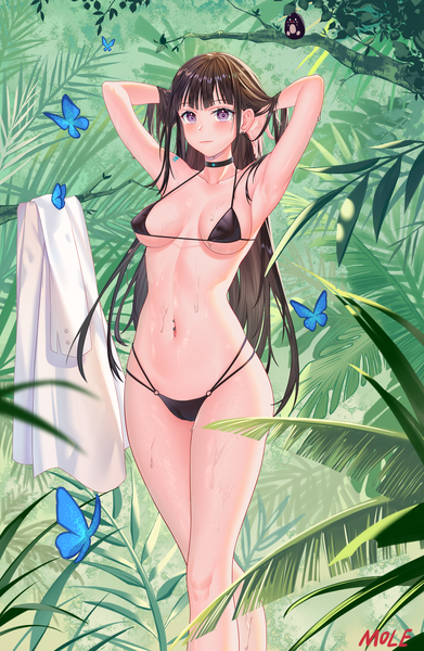 Anime picture 1172x1800 with original asrkty single long hair tall image looking at viewer blush fringe breasts light erotic black hair smile large breasts standing purple eyes signed outdoors blunt bangs arms up armpit (armpits)