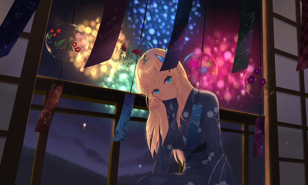 Anime picture 7677x4606 with boku wa tomodachi ga sukunai kashiwazaki sena cait single long hair looking at viewer fringe highres blue eyes blonde hair smile wide image sitting absurdres indoors traditional clothes head tilt japanese clothes night wide sleeves