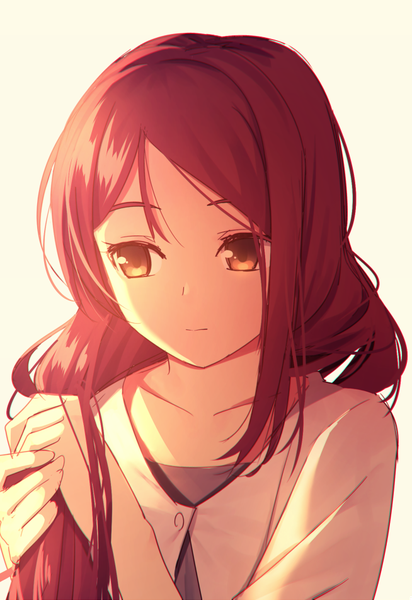 Anime picture 654x951 with love live! sunshine!! sunrise (studio) love live! sakurauchi riko nagareboshi single long hair tall image simple background brown eyes looking away red hair very long hair portrait alternate hairstyle expressionless yellow background holding hair girl