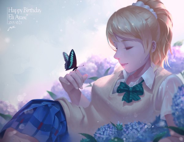 Anime picture 1296x1000 with love live! school idol project sunrise (studio) love live! ayase eli regition single long hair fringe blonde hair ponytail eyes closed blurry realistic wet dated butterfly on hand 2015 girl skirt uniform