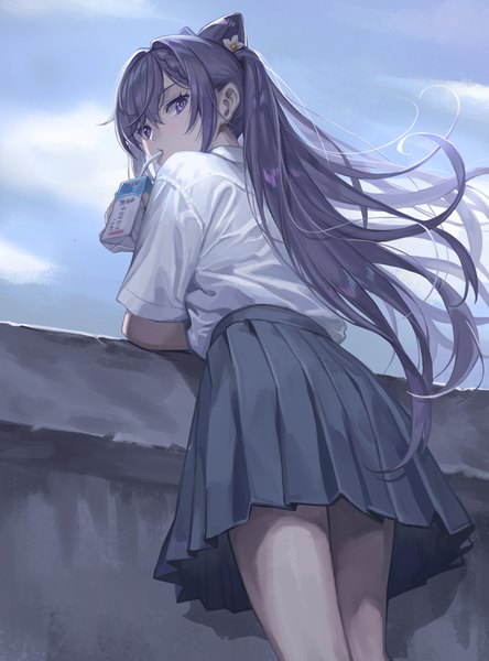 Anime picture 734x992 with genshin impact keqing (genshin impact) m2 (guvn5745) single long hair tall image looking at viewer fringe hair between eyes purple eyes twintails sky purple hair cloud (clouds) pleated skirt looking back from behind hair bun (hair buns) alternate costume drinking