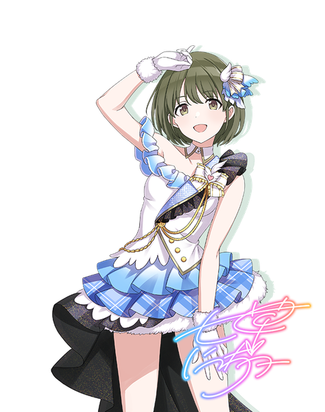 Anime picture 660x836 with idolmaster idolmaster shiny colors nanakusa nichika tomari (veryberry00) single tall image short hair open mouth standing green eyes looking away :d green hair official art transparent background hand on head girl dress gloves white gloves