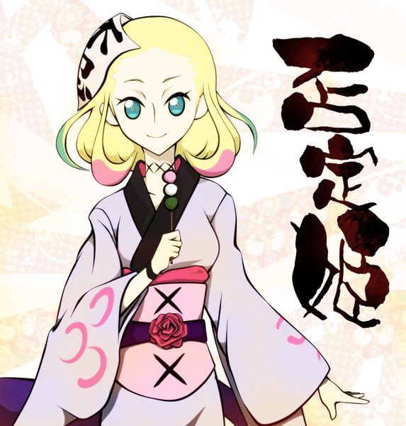 Anime picture 1300x1362 with katanagatari white fox hiteihime (katanagatari) infinote single tall image looking at viewer short hair breasts blue eyes blonde hair smile standing holding long sleeves traditional clothes japanese clothes wide sleeves midriff hieroglyph