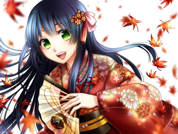 Anime picture 1280x960 with original makina (frog) single long hair open mouth black hair green eyes japanese clothes girl kimono leaf (leaves) fan autumn leaves