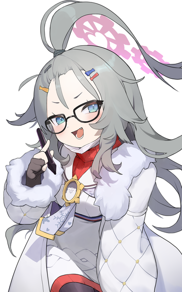 Anime picture 1875x3000 with blue archive meru (blue archive) pg (pege544) single long hair tall image looking at viewer blush highres open mouth blue eyes simple background white background :d grey hair fang (fangs) fur trim mask pull girl glasses