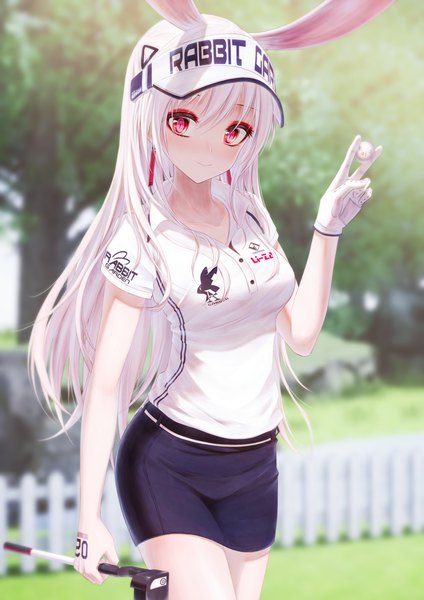 Anime picture 2894x4093 with tsumi no hahen (debris) liza (bae.c) bae.c single long hair tall image looking at viewer blush fringe highres smile hair between eyes red eyes standing holding animal ears outdoors white hair blurry short sleeves