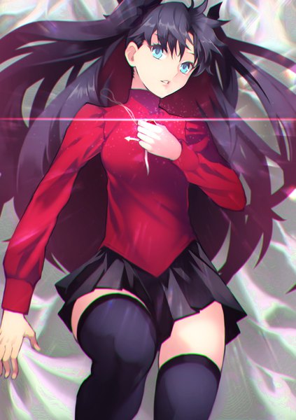 Anime picture 1411x2000 with fate (series) fate/stay night toosaka rin yoshio (55level) single long hair tall image blue eyes black hair holding two side up girl thighhighs skirt black thighhighs miniskirt pendant black skirt turtleneck