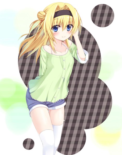 Anime picture 2204x2796 with tenshinranman chitose sana east01 06 single long hair tall image looking at viewer blush highres blue eyes blonde hair girl thighhighs white thighhighs shorts hairband