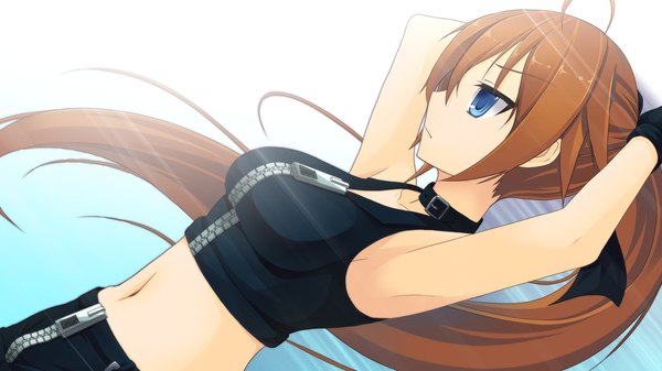 イラスト 1280x720 と natsuiro asagao residence 長髪 青い目 茶色の髪 wide image game cg ポニーテール 女の子 へそ