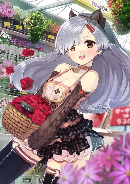 Anime picture 1488x2105 with original furukawa itsuse single long hair tall image looking at viewer blush fringe highres breasts open mouth smile standing bare shoulders brown eyes animal ears cleavage silver hair indoors blurry