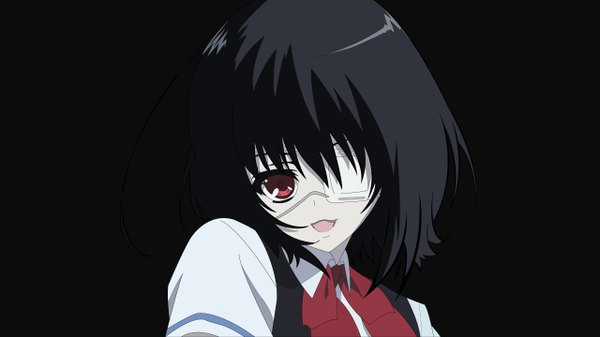 Anime picture 2560x1440 with another p.a. works misaki mei single looking at viewer highres short hair black hair smile red eyes wide image wallpaper black background portrait close-up girl uniform school uniform eyepatch