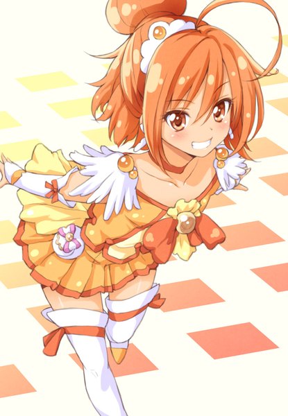 Anime picture 689x996 with precure smile precure! toei animation hino akane (smile precure!) cure sunny tokunou shoutarou single tall image blush fringe short hair smile hair between eyes ahoge from above orange hair hair bun (hair buns) orange eyes zettai ryouiki magical girl