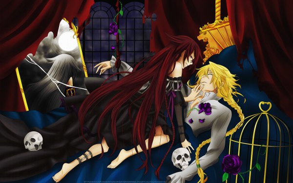 Anime picture 2560x1600 with pandora hearts xebec alice (pandora hearts) will of the abyss long hair highres blonde hair wide image red hair braid (braids) eyes closed couple reflection dress flower (flowers) black dress skull mirror cage