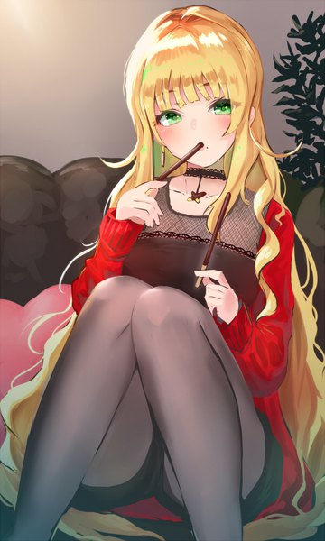 Anime picture 600x1000 with original e-co single long hair tall image looking at viewer blush fringe blonde hair sitting green eyes indoors eating pocky day girl earrings pantyhose choker food shorts
