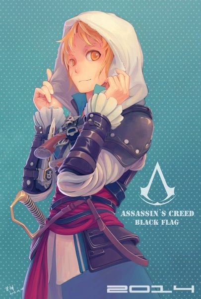 Anime picture 810x1200 with assassin's creed (game) edward kenway tyc001x single tall image looking at viewer short hair blonde hair signed inscription arm support orange eyes copyright name scar polka dot polka dot background pirate adjusting hood assassin boy