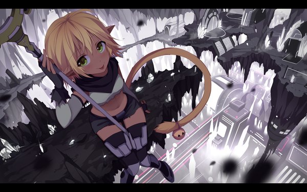 Anime picture 1200x753 with original riki-to single blush fringe short hair blonde hair sitting green eyes looking away tail animal tail pointy ears bare belly cat girl cat tail dark skin letterboxed scenic floating island
