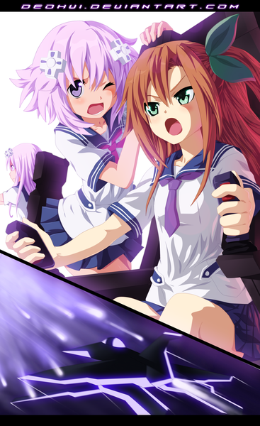 Anime picture 2575x4202 with choujigen game neptune neptune (choujigen game neptune) nepgear if (choujigen game neptune) deohvi long hair tall image blush highres short hair open mouth simple background brown hair white background multiple girls green eyes pink hair ponytail pleated skirt one eye closed