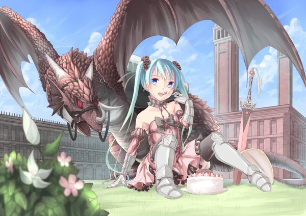 Anime picture 2000x1414 with vocaloid hatsune miku saraki long hair highres open mouth blue eyes twintails aqua hair eating girl thighhighs dress flower (flowers) weapon black thighhighs sword sweets armor cake