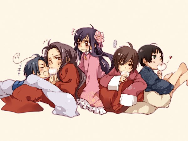 Anime picture 1024x768 with axis powers hetalia studio deen japan (hetalia) china (hetalia) taiwan (hetalia) hong kong (hetalia) korea (hetalia) lc hi ji (saiyki) long hair ahoge lying eyes closed traditional clothes japanese clothes one eye closed barefoot wink arm support tears chinese clothes