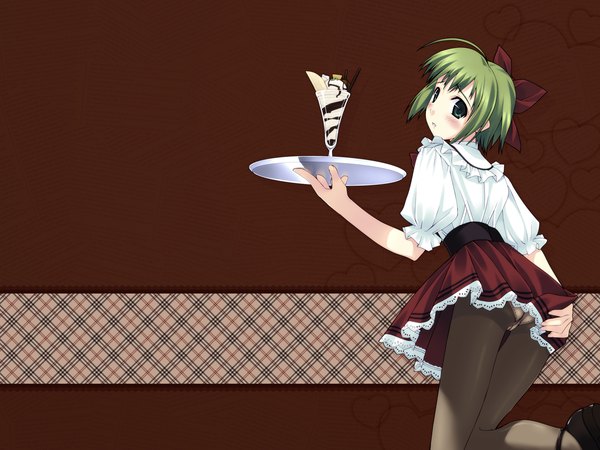 イラスト 1600x1200 と f-ism 村上水軍 ソロ 赤面 短い髪 light erotic 緑の目 アホ毛 looking back green hair 壁紙 brown background waitress 女の子 スカート 下着 パンティー ちょう結び ヘア蝶結び パンスト