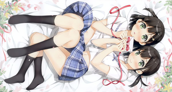 Anime picture 4637x2500 with 5 nenme no houkago akemi (kantoku) himeru (kantoku) kantoku looking at viewer highres short hair open mouth light erotic black hair smile wide image multiple girls green eyes absurdres scan official art :o side ponytail open skirt