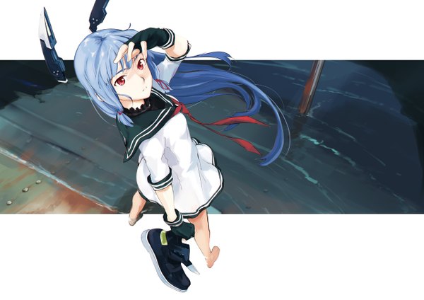 Anime picture 1280x905 with kantai collection murakumo destroyer blockhead single long hair looking at viewer red eyes blue hair barefoot from above looking up tress ribbon girl dress gloves ribbon (ribbons) hair ribbon water shoes fingerless gloves