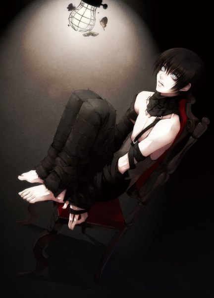 Anime picture 620x861 with original usuba kagerou single tall image fringe short hair blue eyes light erotic black hair simple background hair between eyes sitting bare shoulders full body barefoot from above light dark background looking up white skin