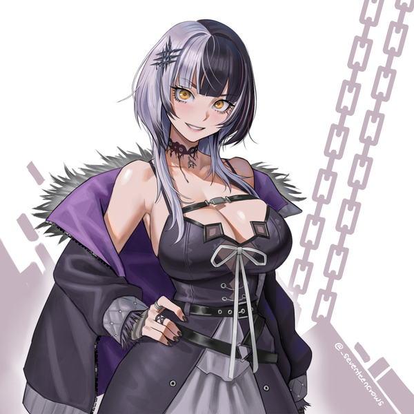 Anime-Bild 2250x2250 mit virtual youtuber hololive hololive english shiori novella shiori novella (1st costume) seventeencrows single long hair looking at viewer fringe highres breasts light erotic black hair smile large breasts signed yellow eyes cleavage silver hair