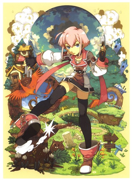 Anime picture 2220x3025 with original yumi single tall image looking at viewer highres short hair blue eyes pink hair cloud (clouds) scan colorful girl thighhighs flower (flowers) weapon black thighhighs plant (plants) tree (trees) boots