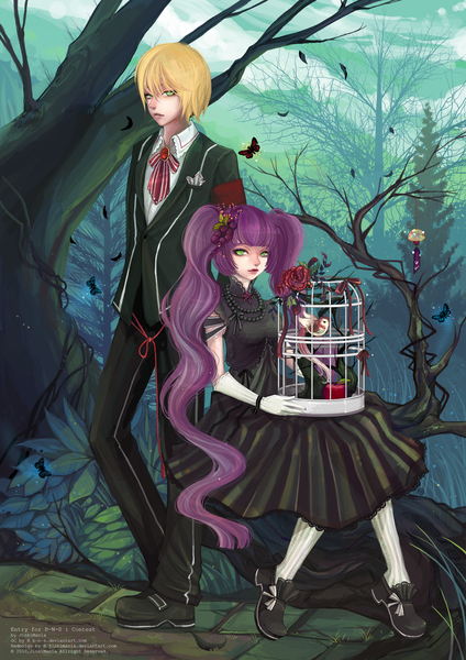 Anime picture 2480x3508 with original jinkimania (artist) long hair tall image highres short hair blonde hair standing sitting twintails green eyes signed purple hair inscription wavy hair girl dress boy gloves hair ornament