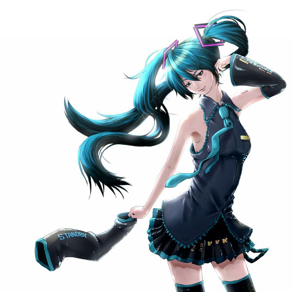 Anime picture 1040x1040 with vocaloid hatsune miku mistyxxx5 single long hair looking at viewer blush simple background smile white background twintails bare shoulders aqua eyes light smile aqua hair girl thighhighs skirt detached sleeves necktie