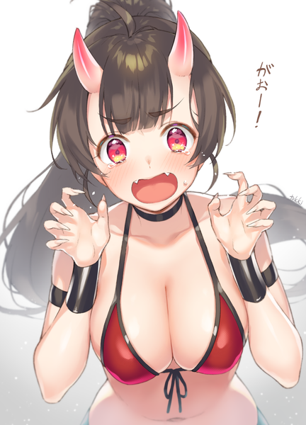 Anime picture 792x1099 with original tokki single long hair tall image blush fringe breasts open mouth light erotic black hair simple background red eyes large breasts signed cleavage ahoge upper body ponytail blunt bangs