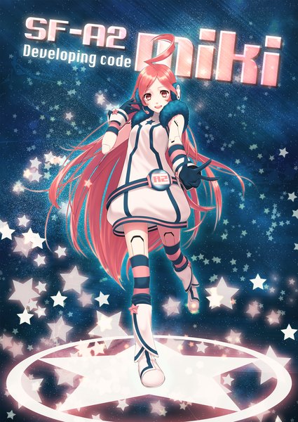 Anime picture 1108x1564 with vocaloid miki (vocaloid) niduca single long hair tall image looking at viewer open mouth red eyes ahoge red hair inscription victory girl thighhighs dress gloves headphones star (symbol) striped thighhighs