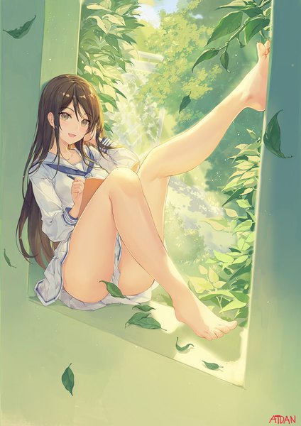 Anime picture 1087x1538 with original atdan single long hair tall image looking at viewer blush fringe open mouth light erotic smile hair between eyes brown hair sitting signed yellow eyes payot full body long sleeves :d