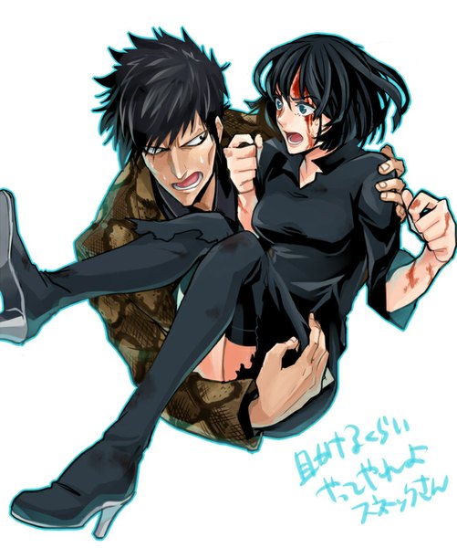 Anime picture 668x800 with one-punch man madhouse fubuki (one-punch man) snake (one-punch man) matatabi nia tall image short hair breasts open mouth blue eyes black hair simple background white background from above black eyes torn clothes blood on face screaming carrying princess carry