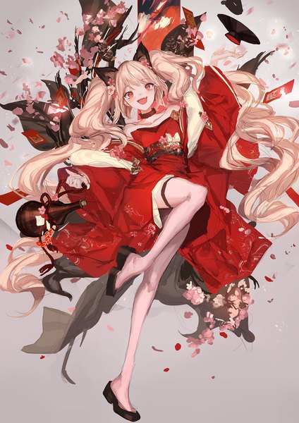 Anime picture 1400x1980 with original lm7 (op-center) single tall image looking at viewer open mouth blonde hair red eyes twintails bare shoulders animal ears full body bent knee (knees) tail very long hair :d animal tail cherry blossoms spread arms new year
