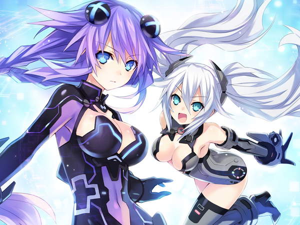 Anime picture 1280x960 with choujigen game neptune kami jigen game neptune v noire neptune (choujigen game neptune) purple heart black heart tsunako looking at viewer breasts open mouth blue eyes light erotic large breasts twintails multiple girls payot cleavage purple hair white hair braid (braids)