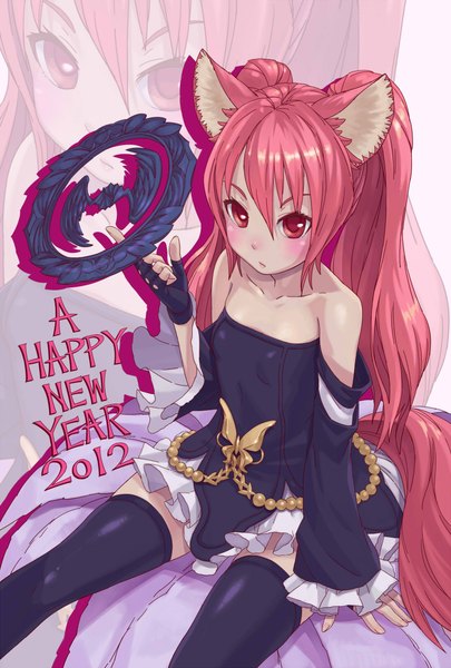 Anime picture 1500x2220 with tera online zunbi (artist) single long hair tall image looking at viewer blush red eyes animal ears red hair animal tail zoom layer girl thighhighs gloves black thighhighs