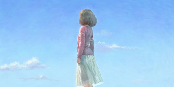 Anime picture 1024x513 with original ag+ (artist) single short hair blonde hair wide image sky cloud (clouds) from behind back girl skirt sweater
