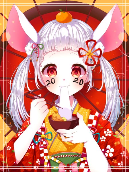 Anime picture 3072x4096 with original akane haru (dgyn8285) single long hair tall image looking at viewer fringe highres red eyes twintails animal ears absurdres white hair traditional clothes japanese clothes eating new year 2020 :t mouse ears