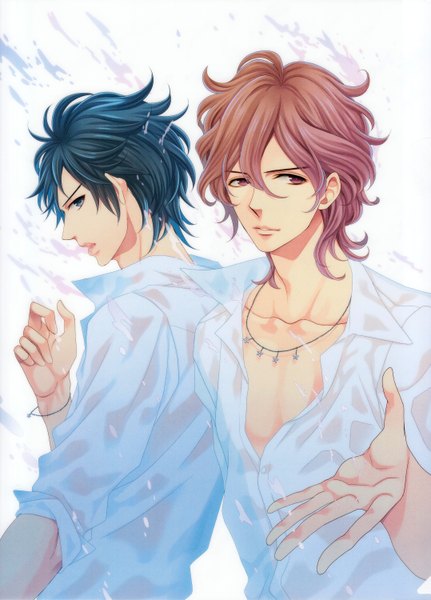 Anime picture 2155x3000 with brothers conflict idea factory asahina futo asahina iori udajo tall image looking at viewer highres short hair open mouth blue eyes black hair brown hair purple eyes looking away profile scan multiple boys siblings brothers