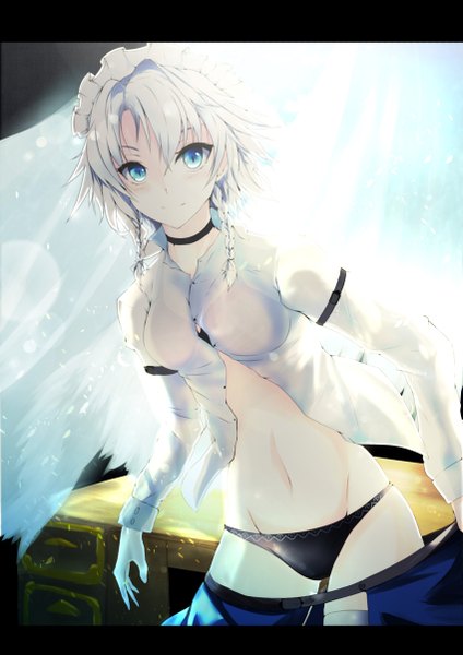 Anime picture 850x1203 with touhou izayoi sakuya otsunabe single tall image looking at viewer short hair blue eyes light erotic standing white hair braid (braids) light smile open clothes open shirt twin braids undressing girl navel underwear