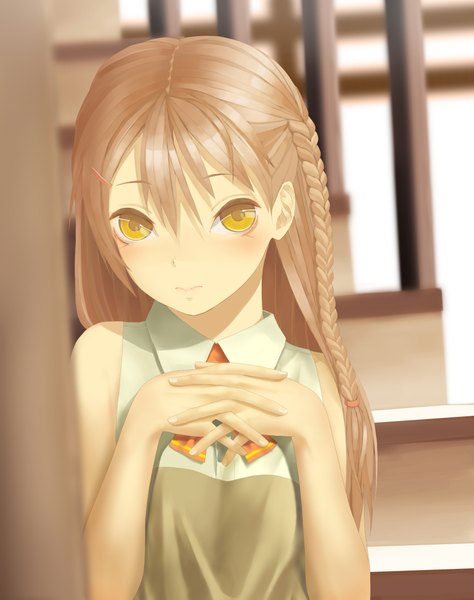 Anime picture 1800x2279 with original throtem single long hair tall image looking at viewer highres brown hair bare shoulders yellow eyes braid (braids) side braid girl