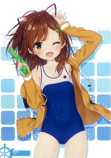Anime picture 2698x3840 with high school fleet irizaki mei kani biimu single long hair tall image looking at viewer blush highres open mouth light erotic brown hair yellow eyes one eye closed wink scan official art girl swimsuit one-piece swimsuit