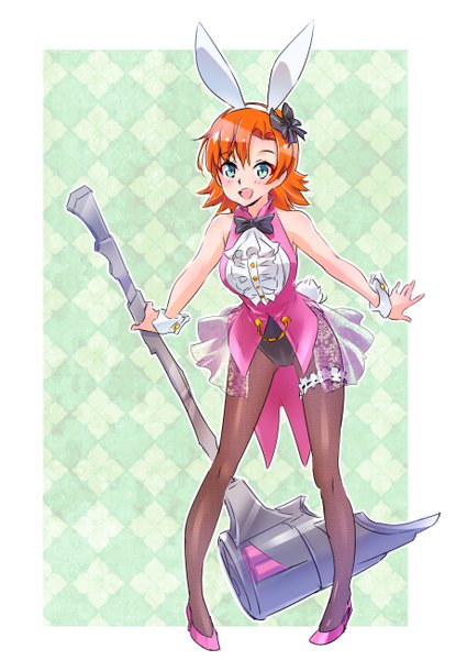 イラスト 3600x5200 と rwby rooster teeth nora valkyrie いえすぱ ソロ 長身像 カメラ目線 赤面 前髪 highres 短い髪 開いた口 青い目 笑顔 立つ 肩出し holding 獣耳 absurdres 全身