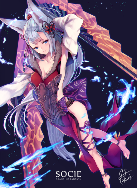 Anime picture 775x1060 with granblue fantasy socie (granblue fantasy) fukai ryosuke single tall image looking at viewer blush fringe blue eyes light erotic simple background standing holding signed animal ears cleavage silver hair full body ponytail tail