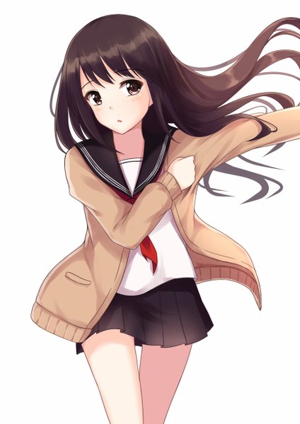 Anime picture 904x1280 with original itachi kanade single long hair tall image blush fringe simple background brown hair standing white background brown eyes looking away parted lips pleated skirt adjusting clothes girl skirt uniform miniskirt